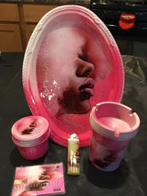 Load image into Gallery viewer, oval nickel rolling try with pink and white colors. Photo of a lady smoking  with the name Jessica on tray. Matching stash jar, lighter, scoop card and auto ashtray included in this set. 
